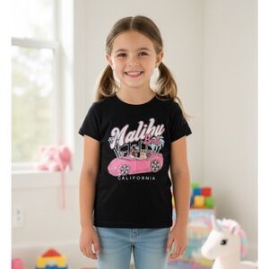 BARBIE Malibu Car Short Sleeve Tee, Girls M (10/12), Black Pink